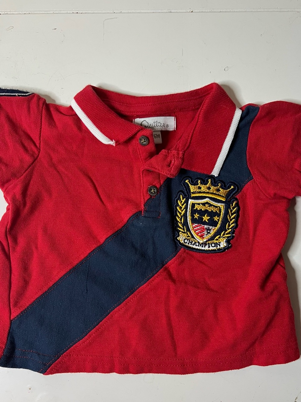 Quiltex Vintage Champion Colorblock Red Polo with Navy Stripe and Crest 3-6M
